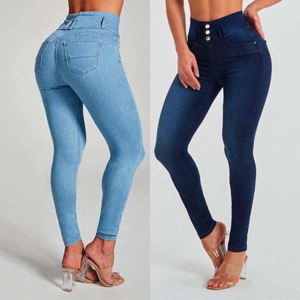 Damen-Jeans, Damen, kurvig, hohe Taille, Stretch, Skinny BuLifting, schmal geschnittene Denim-Hose, Knopf-Bleistifthose mit Taschen