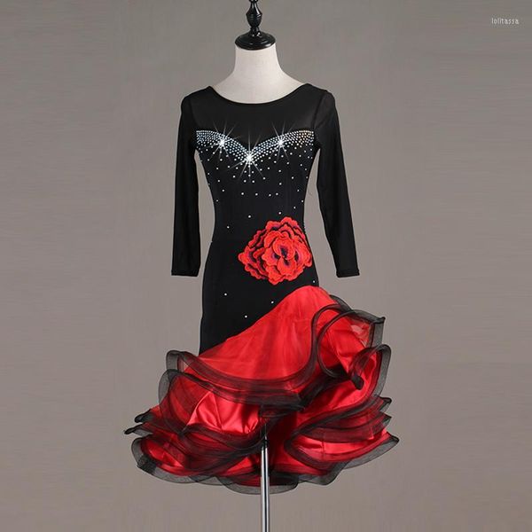 Stage Wear Woman Practice Dress Women Abiti neri e rossi Concorrenza latina Costume da spettacolo di tango professionale