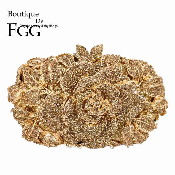 Borse a tracolla Boutique De FGG Pochette da donna con fiori dorati Borse da sera Minaudiere Borse da sposa da sposa Borse da festa con strass floreali