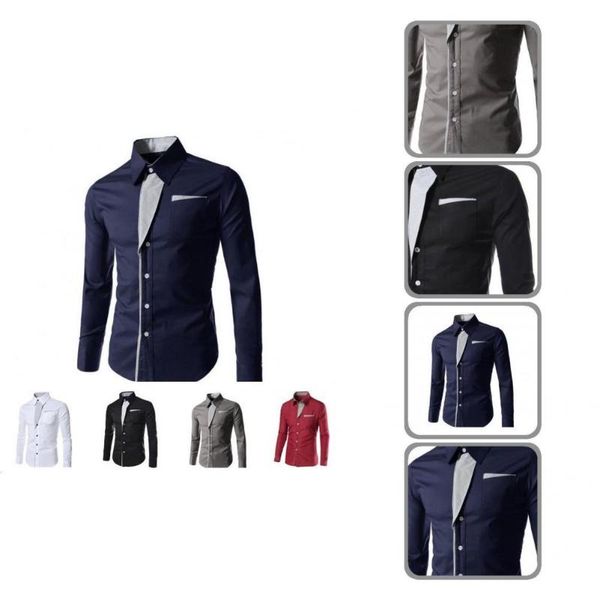 Camisa social masculina Camisa abotoada Abotoamento simples Outono Inverno Gola redonda Cor contrastante Masculino