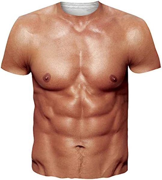 Camisetas unissex 3D falsas Abs desfiadas masculinas femininas estampadas no peito manga curta traje novidade camisetas camisa