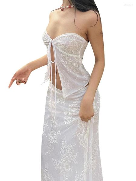 Vestido feminino de duas peças Conjuntos de verão Sexy sem mangas com fenda na lateral, camisetas e saia longa maxi Conjunto para sair