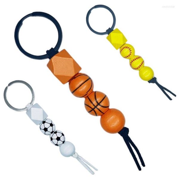 Portachiavi Pallacanestro Calcio Tennis Baseball Pallavolo Portachiavi Ciondolo a mano stampato con perline di legno