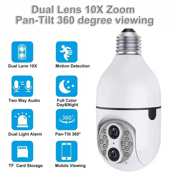 Lente dual 4MP E27 WIFI Bombilla Cámara Interior 10X Zoom óptico CCTV Seguimiento automático Vigilancia de seguridad Smart Home 360 PTZ Cámara IP