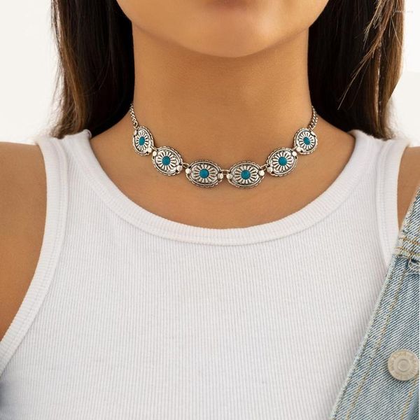 Подвесные ожерелья французское ретро -серебряное ожерелье бирюзовое стиль, богемник для женщин, модные украшения металл