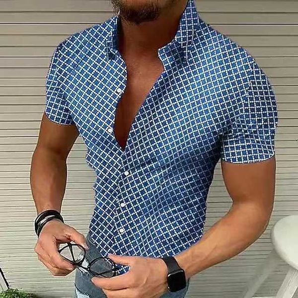 Camicia da spiaggia a scacchi geometrici da uomo a maniche corte casual traspirante new fashion summer