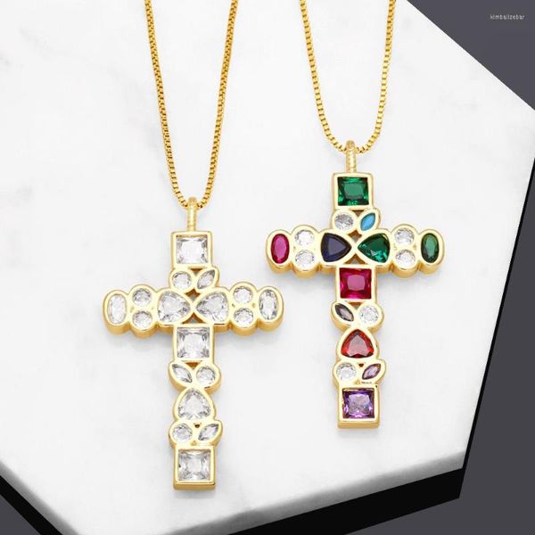 Anhänger Halsketten Design Große Mehrfarbige Kristall Kreuz Für Frauen Vergoldet Box Kette Kurz CZ Regenbogen Schmuck NKEB713