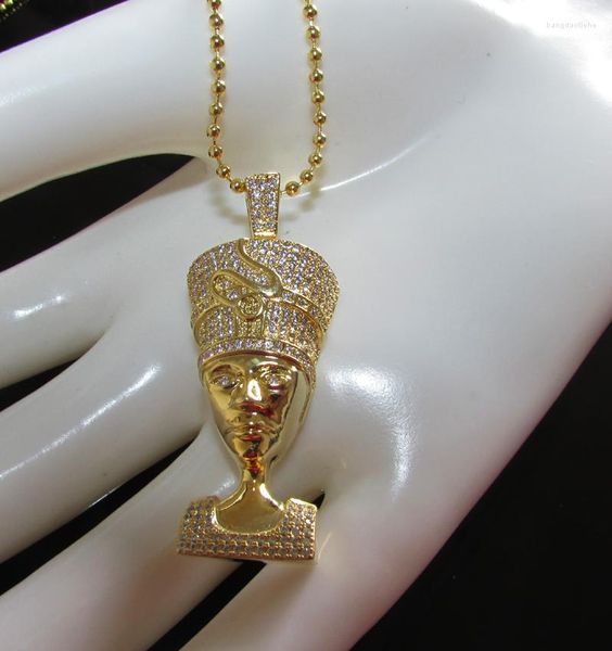 Ketten 28-Zoll-Perlenkette Pharao Pendent CZ Halskette Punk Rap Style Rock Hip Hop GELB Reine Vergoldung Micro Pave Halsketten
