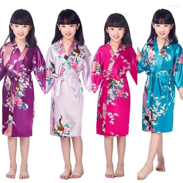 Roupa de dormir feminina para crianças robe de casamento de seda falsa robes longos para meninas camisola infantil roupão de banho infantil festa dama de honra linda estampa de quimono