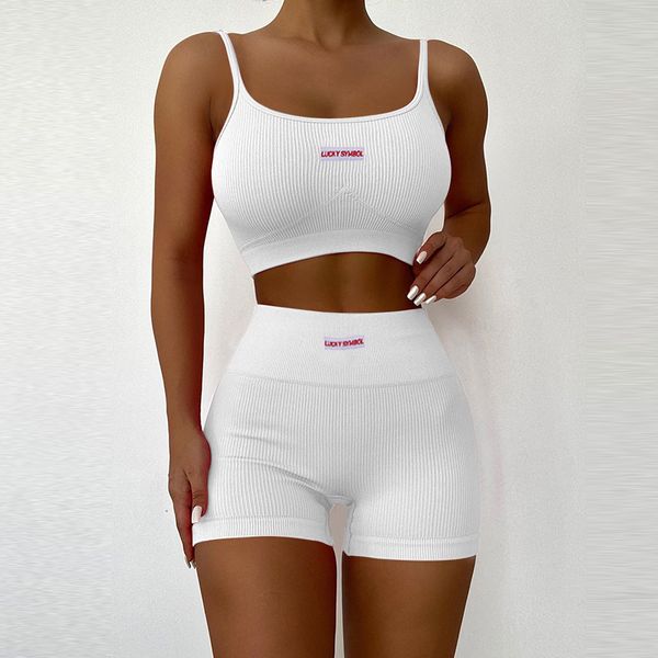 Damen Zweiteilige Hose, Damen-Sport-Zweiteiler-Laufset, Sommer-Trainingsanzüge aus geripptem Strick, weiblich, ärmellose Träger, bauchfreie Tops, Shorts mit hoher Taille, 230608