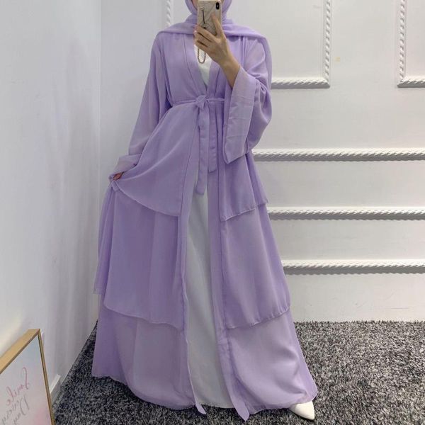 Roupas étnicas 3 camadas de chiffon aberto abaya feminino eid ramadan dubai turquia africano islã jilbab muçulmano vestido femme kaftan cardigã