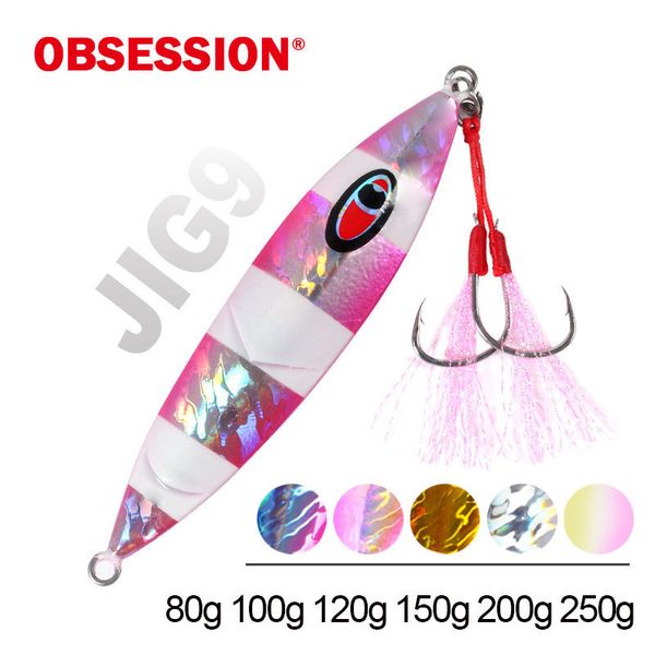 Esche Esche OBSESSION80g100g120g150g200g250g Jig ad affondamento lento Jig per esche artificiali in metallo con bagliore artificiale Japan Laser Fishing Lure Assist Hook 230608