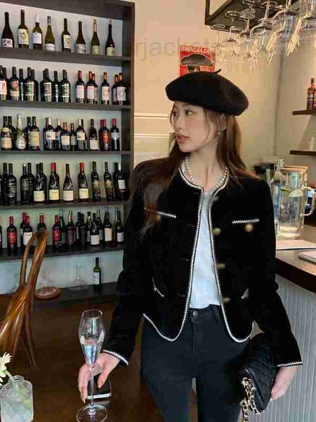 Jaquetas femininas de alta qualidade outono inverno elegantes contraste generoso fita com nervuras casaco curto de veludo 2KI4
