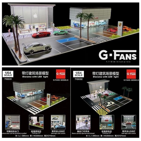 Druckgussmodell G FANS 1 64 Led Light Diorama Apple Store Porsche Center Building mit Parkplatz 230608