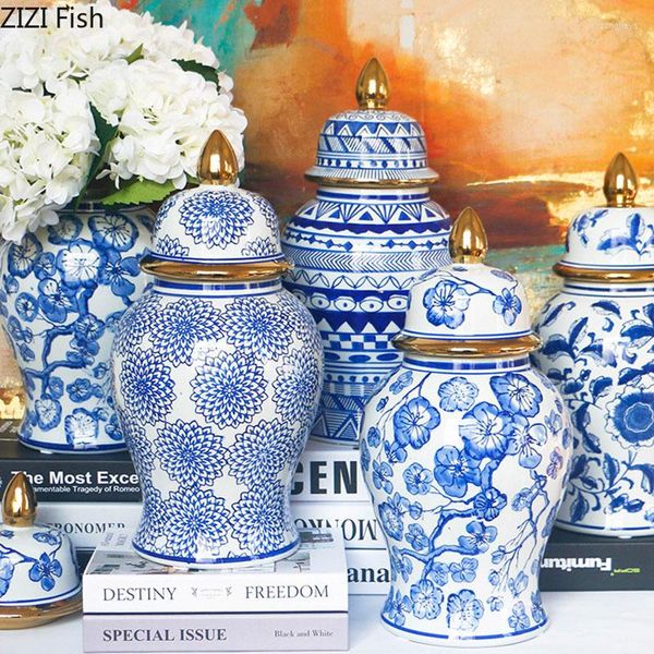 Aufbewahrung Flaschen Gold plattiert blau und weiße Porzellangingerglas mit Deckel Keramik General Gläser Retro Tee Caddy Blumenvasen Schreibtischdekoration