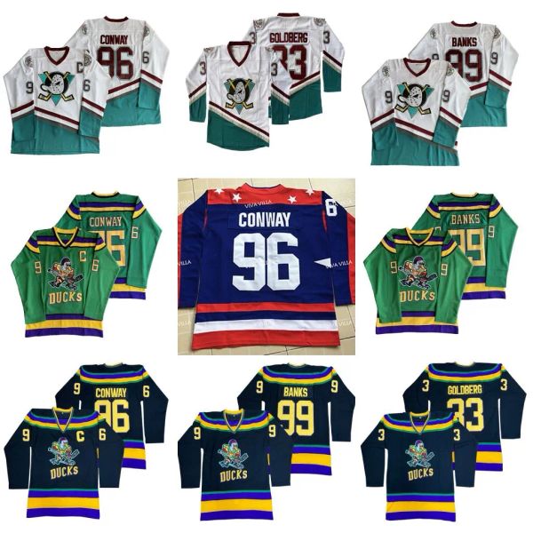 Maglia da hockey da uomo Mighty Ducks Movie AnaheimDucksHockey 99 Adam Banks 96 Charlie Conway 44 Reed Dean33 Greg Goldberg 66 Gordon Bombay Portman