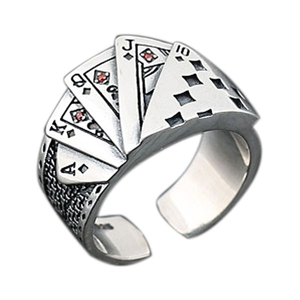 Royal Flush Poker Ring per Uomo Donna Vintage Argento Placcato Rosso Crytal Straight Flush Card Anelli Stile Punk Creativo Anello da Dito Gioiello Freddo Regalo Misura Libera Regolabile