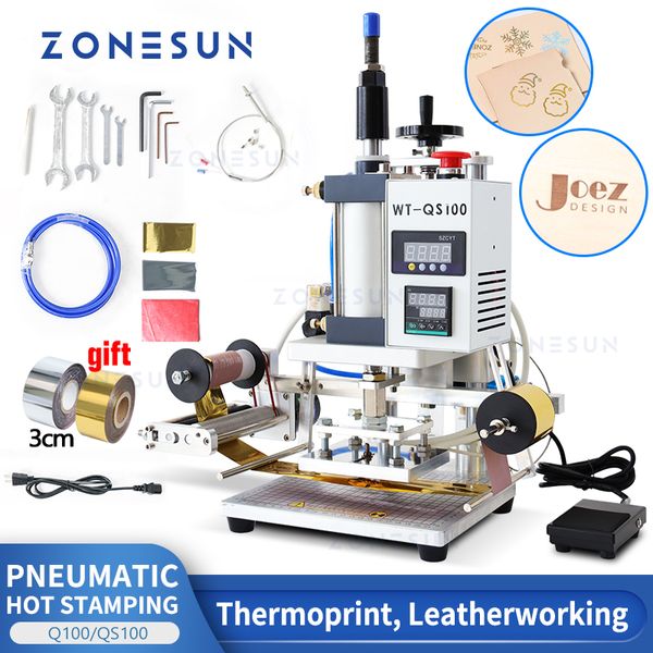 ZONESUN Timbratrice pneumatica Pressa di calore Libro digitale Carta da lavoro in pelle Legno Logo personalizzato Goffratura Alimentatore di fogli ZS-QS100