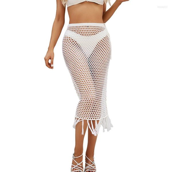 Costumi da bagno da donna 2023 Donne estive Scava fuori Gonna lunga Stringata Tinta unita Spiaggia Nappa Abiti sexy Costumi da bagno Crochet Openwork