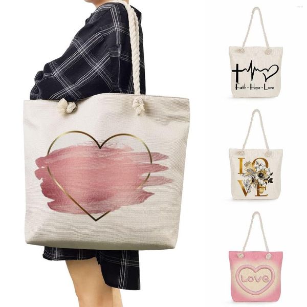 Sacos de noite Moda Floral Love Print Handbags Graphic Tote Feminino Corda Grossa Bolsa de Ombro Caricatura Letra Eco Reutilizável Compras