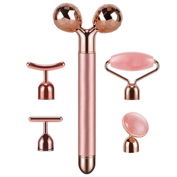 Dispositivos de cuidados faciais 5 em 1 ouro 24 K Beauty Bar Massageador elétrico vibratório rosa quartzo 3D rolo de elevação corporal Gua Sha Jade 230608