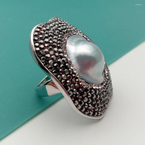 Cluster-Ringe YYGEM Natural Coin Grey Mabe Pearl Black Rhinestone Pave Ring Adjustable