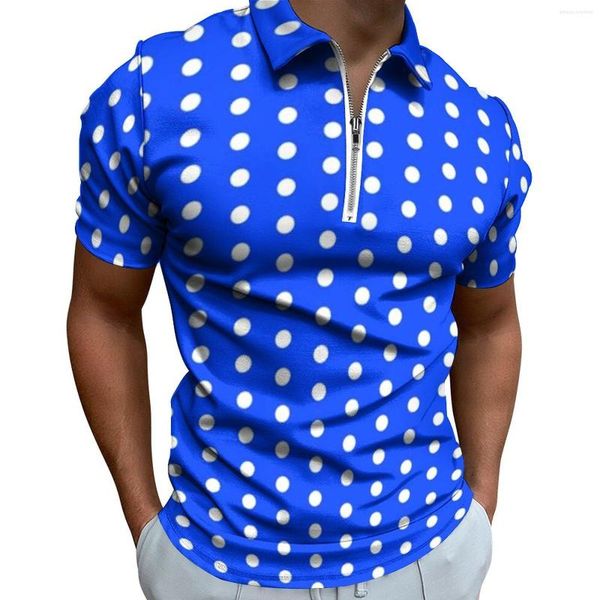 Polos Masculinos Azul Branco Polka Dot Camisetas Casuais Padrão Vintage Polo Camisas Com Zíper Streetwear Roupas Gráficas Masculinas Tamanho Grande