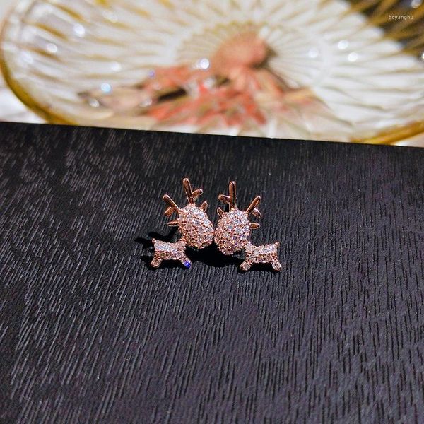 Orecchini a bottone Simpatici cervi color oro rosa con pietra zircone Bling per gioielli moda donna coreani