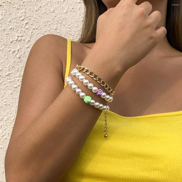 Pulseira Pastoral de Pérolas Estilo Europeu e Americano Conjunto de Corrente de Aço Inoxidável com Contas em Forma de Coração Joias da Moda