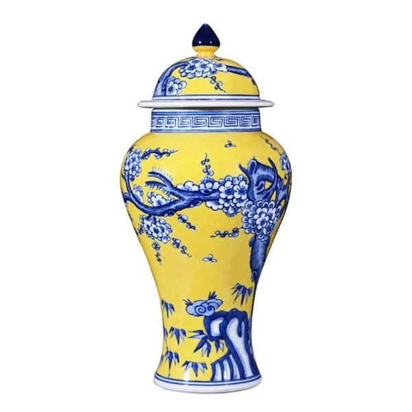 Vasos de cerâmica Jingdezhen antigo pintados à mão amarelo azul e branco tanque geral decoração de casa