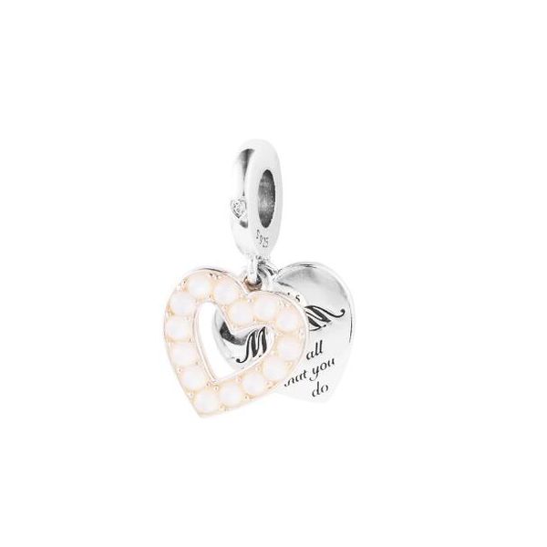 925 Sterling Silber Perlglanz-Weiß-Herz-Mama-Doppel-Charm, passend für Pandora-Armbänder, Perlen, DIY-Schmuck für Frauen, kostenloser Versand