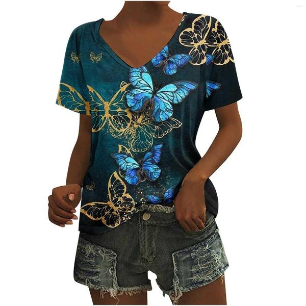 Blusas Femininas Verão 3D Borboleta Estampada Camisa Feminina Elegante Manga Curta Top Moda Casual Decote em V Roupas Femininas