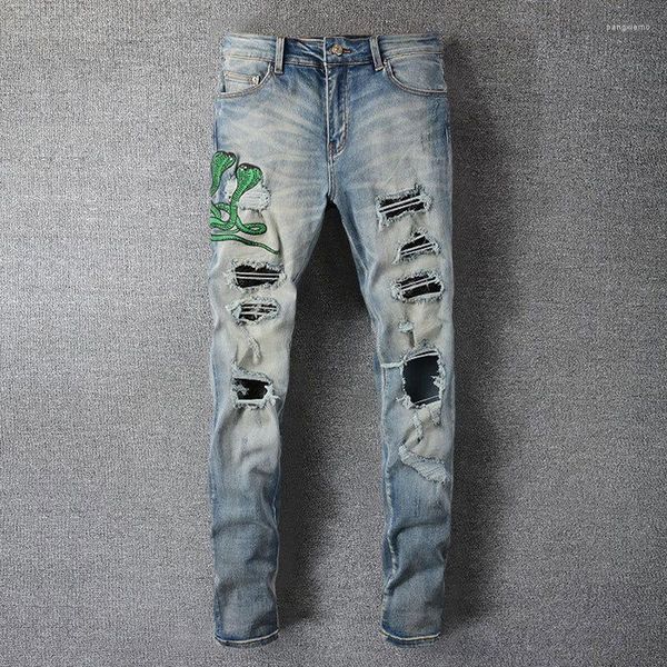 Erkek kot pantolon yüksek cadde hayvan yılan nakış patchwork jean hombre motosiklet pantolon sokak kıyafetleri yırtılmış noir homme fermuar erkekler için