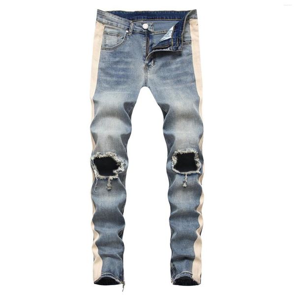 Jeans Masculino Calça Jeans Masculina Vintage Listra Branca Joelho Danificado Buraco Velho Slim Fit Lateral Zíper Magro Para Homens