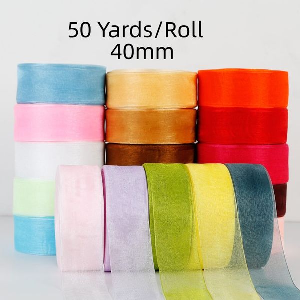 40 mm, 50 Yards/Rolle, Geschenkpapier, Seidensatinbänder, Geschenkpapier, Schneegazeband, Blume, handgefertigt, Kunsthandwerk, Schleife, Kuchen, Paket, Geburtstag, Hochzeit, dekoratives Band