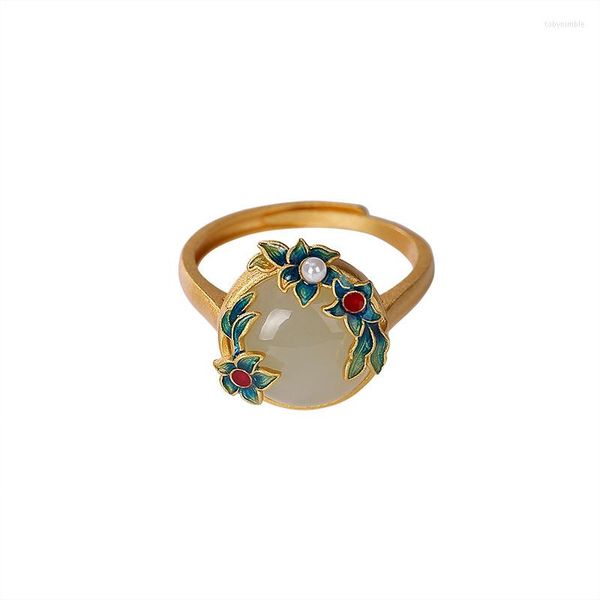 Anelli a grappolo Baifuming S925 Argento sterling placcato oro Cloisonne Hetian Jade Pearl Ring Vintage Court Flower Ladies