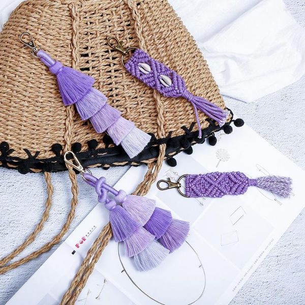 Chaveiros Bohemia Purple Weave Tassel Chaveiro Para Mulheres 2023 Moda Longa Geometria Shell Charm Bag Chaveiro Acessório Jóias