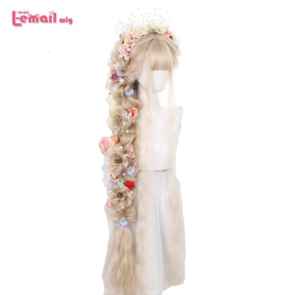 Haarteile L E-Mail Synthetisch 120 cm lang, lockig, Lolita-Blond, Schwarz, Harajuku mit Pony, hitzebeständig, 230609