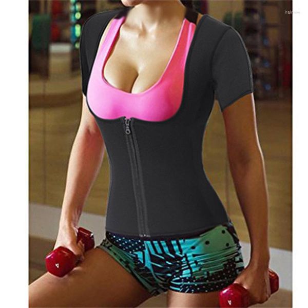 Kadın şekillendiricileri sauna zayıflama vücut şekillendirici yanma yağ ter fitness t-shirt kısa kollu fermuar korse kilo yutma neopren azaltma