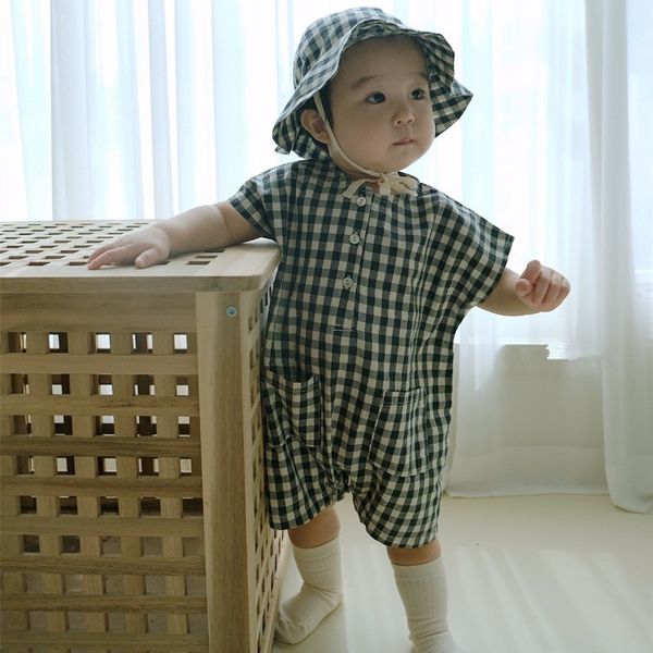 Rompers Summer Baby Dabylevess Plaid Hat Hat Hat Hate Cotton Babant Boy Jumpsuit Fashion Девочная детская одежда 230608