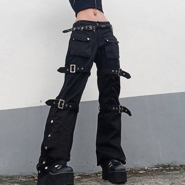 Calça feminina capris gótico emo alt alt caro techwearwear hippie jeans folgado mãe gótica punk preto calça jeans cyber y2k roupas escuras acadêmicas 230609 608