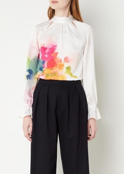 Damenblusen, Original Boutique, weiße bedruckte Bänder, Oversize-Bluse, Größe 0–5