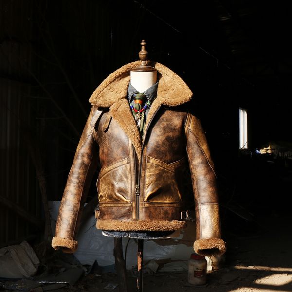 Casaco de couro sintético masculino J107 Cidu europeu tamanho americano de alta qualidade super quente genuíno casaco de pele masculino grande B3 Shearling Bomber jaqueta de pele militar 230608