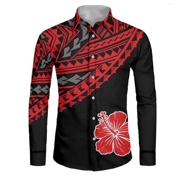 Herren-Freizeithemden, polynesisches Stammes-Tongan-Totem-Tattoo-Tonga-Druck-Hemd für Herren, langärmelig, normale Passform, Button-Down-Arbeit