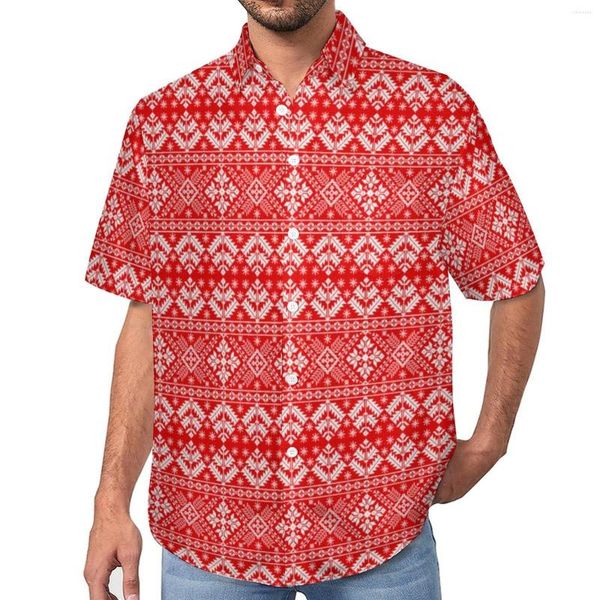 Erkek sıradan gömlekler retro nordic baskı gömlek kırmızı ve beyaz plaj gevşek hawaii estetik bluzlar kısa kollu tasarım büyük boy giyim