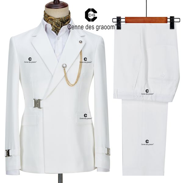 Ternos masculinos Blazers Cenne Des Graoom Blazer de verão branco Conjunto de calças para homens Metal fivela lateral para festa de casamento Vestido de formatura 230609