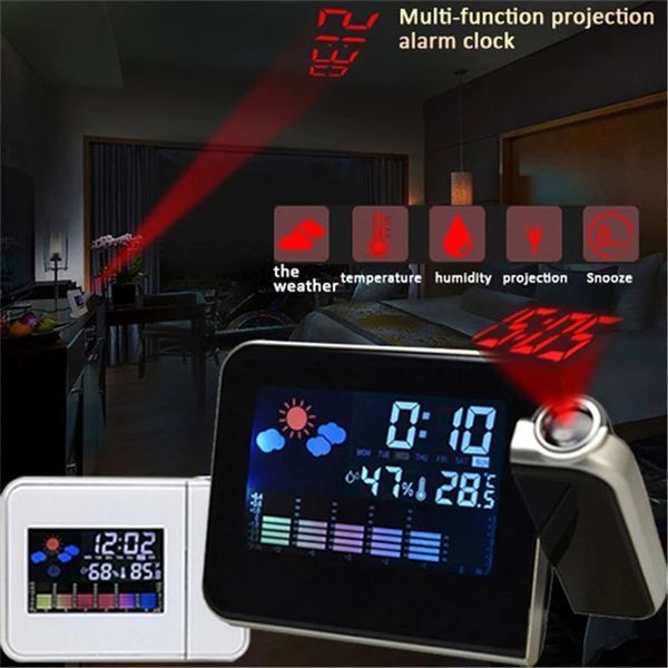 Schreibtisch-Tischuhren, digitale LED-Hintergrundbeleuchtung, Projektion, 180° drehbar, Wecker, Farbbildschirm, Schlummerfunktion, Wetter, Temperatur, Thermometer, Luftfeuchtigkeit 230608