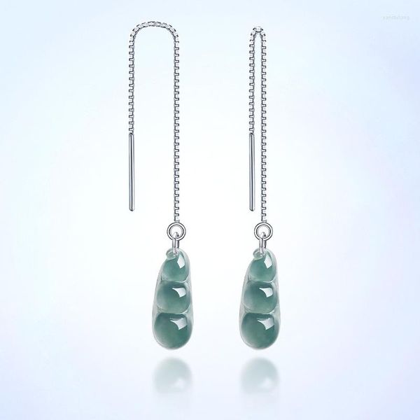 Dangle Küpeler Doğal Bir Yeşim Mavi Su Yeşil Fasulye Kulaklığı S925 Gümüş Kakma Jadeite Moda Kadın Mücevher Damağı