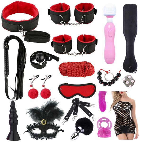 Massage-BDSM-Kits, Handschellen, Nippelklemmen, Spanking-Paddel, Erwachsene, Sexspielzeug für Paare, Sex, Metall-Analplug, Vibrator, Sklaven-Bondage-Set