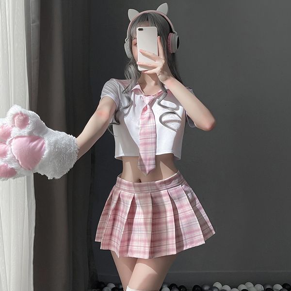 Sexy pijama japonês colegial menina cosplay uniforme de estudante feminino traje de lingerie doce saia xadrez líder de torcida roupas sexuais role play 230608